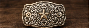 Texas star buckle design study with ornamental scrollwork.